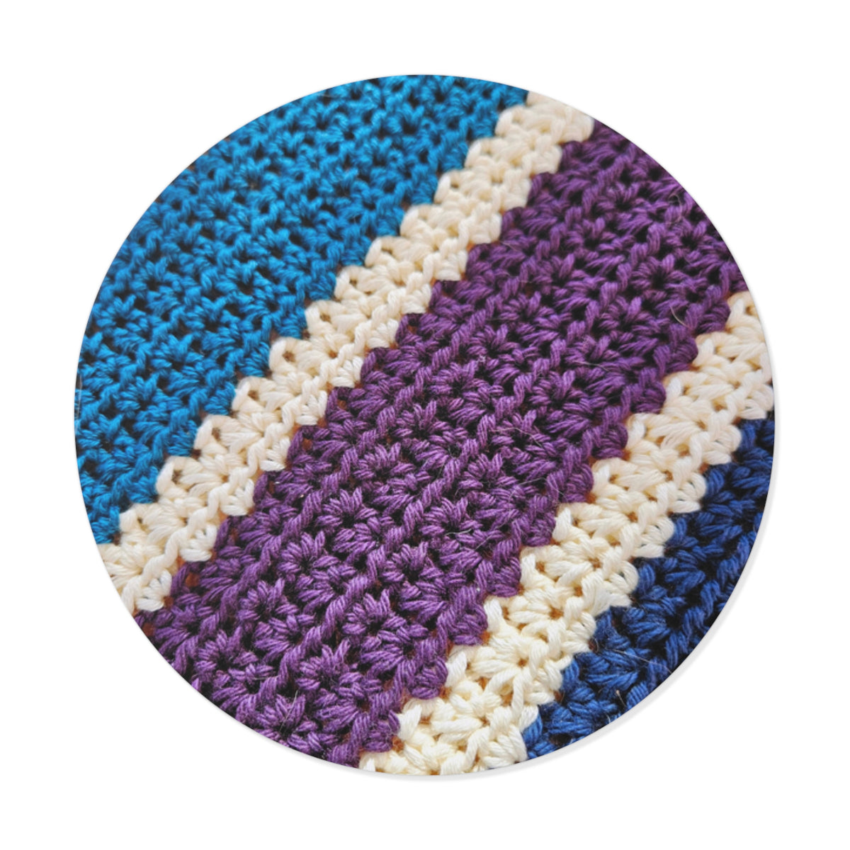 Striped Crochet Texture Round Vinyl Sticker — Blue, Purple & Cream Crochet Pattern