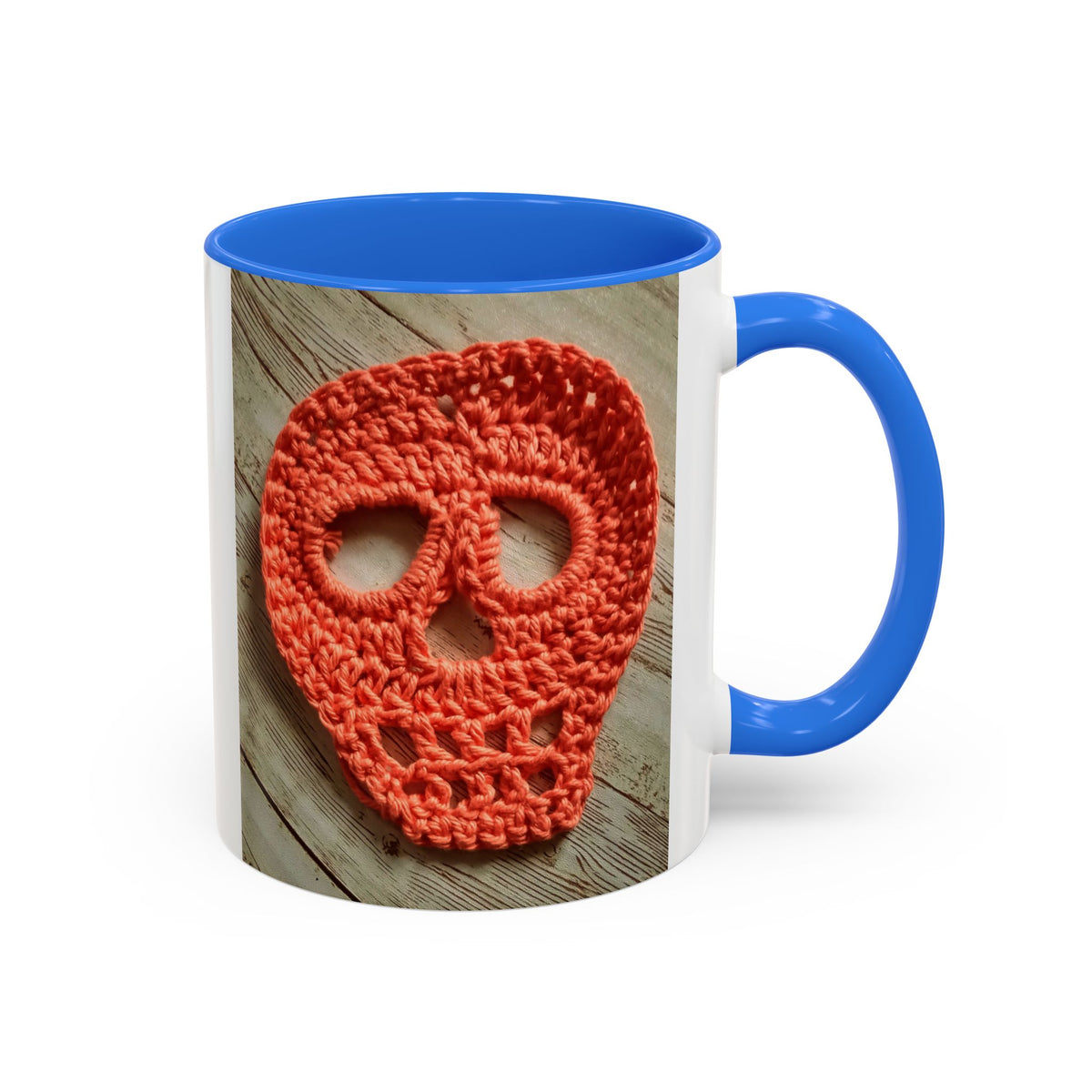 Crochet Skull Mug — Colorful 11oz/15oz Coffee Cup (Orange Day of the Dead Vibe)