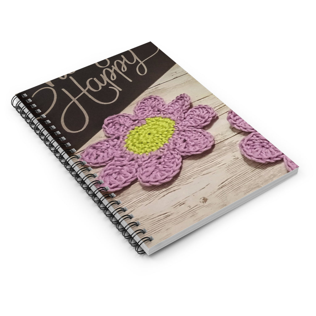 Crocheted Flower Spiral Notebook — Ruled Journal with 'Happy' Chalkboard Vibe