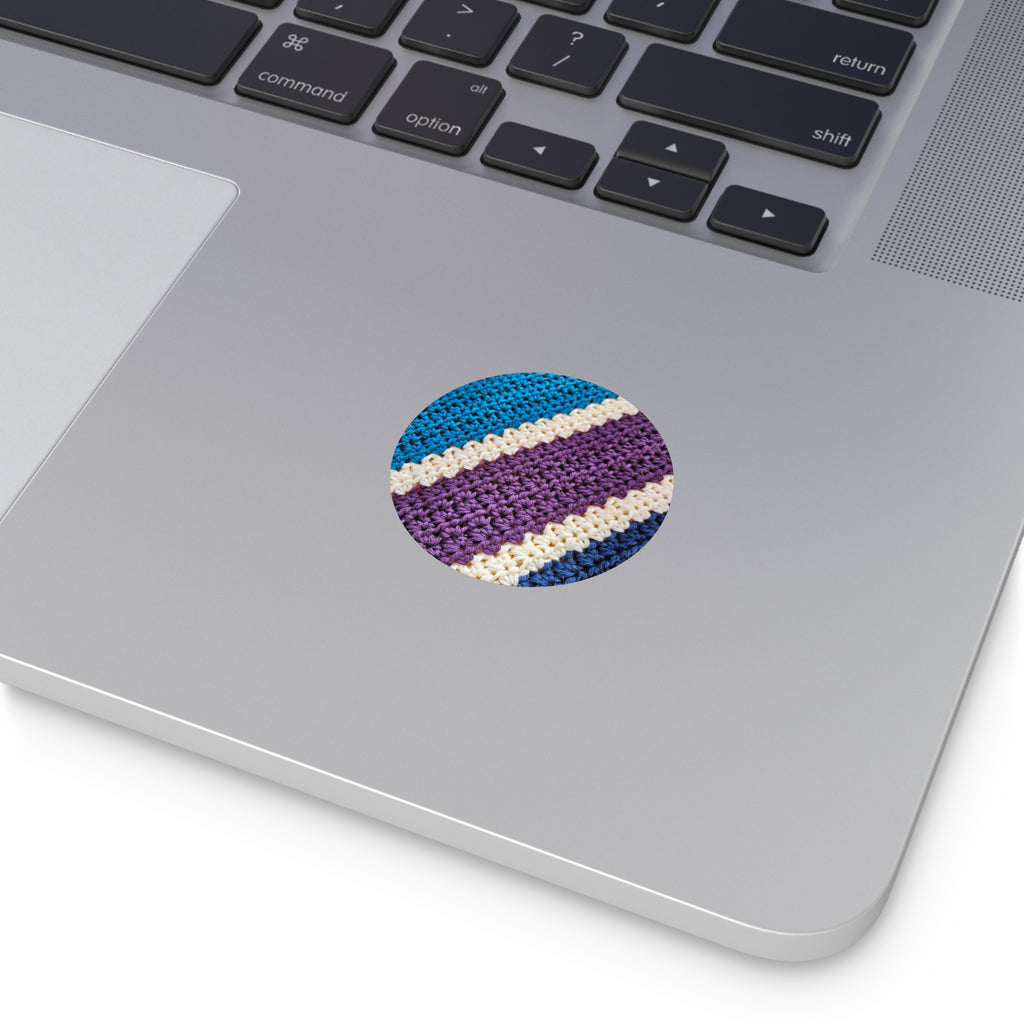 Striped Crochet Texture Round Vinyl Sticker — Blue, Purple & Cream Crochet Pattern