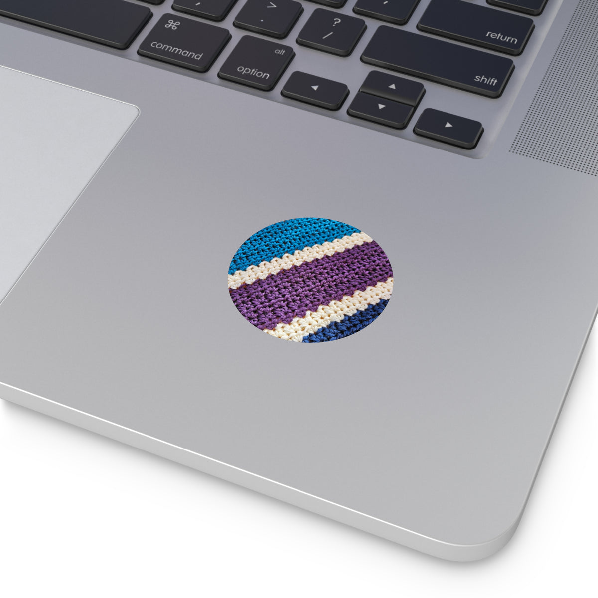 Striped Crochet Texture Round Vinyl Sticker — Blue, Purple & Cream Crochet Pattern
