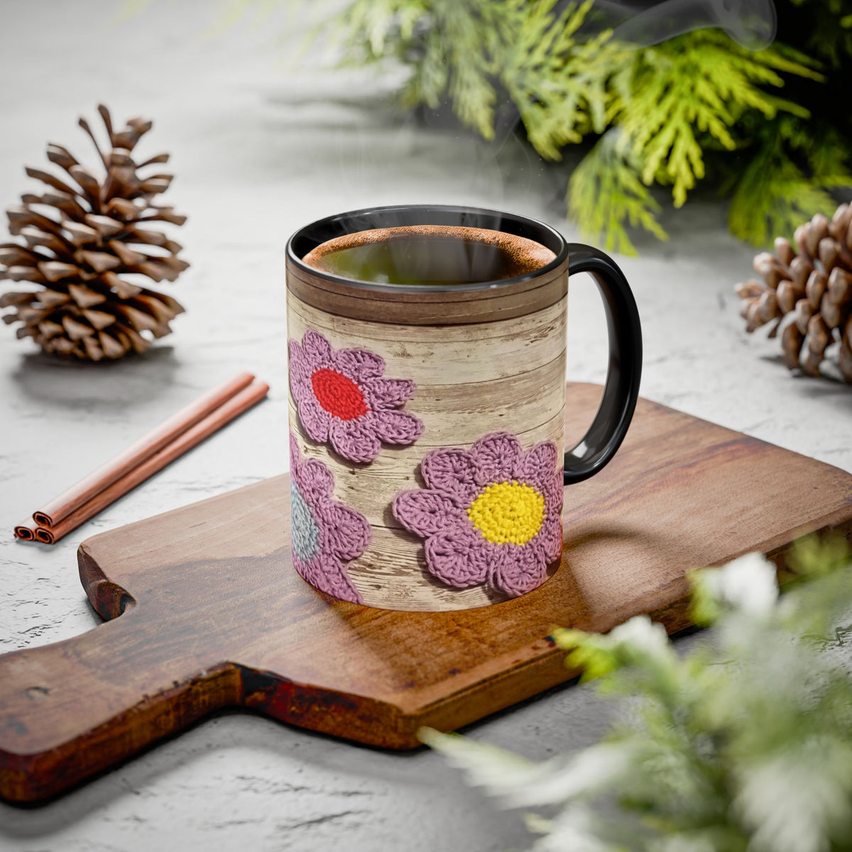 Crochet Flower Mug — Colorful Handmade Floral 11oz/15oz Coffee Cup