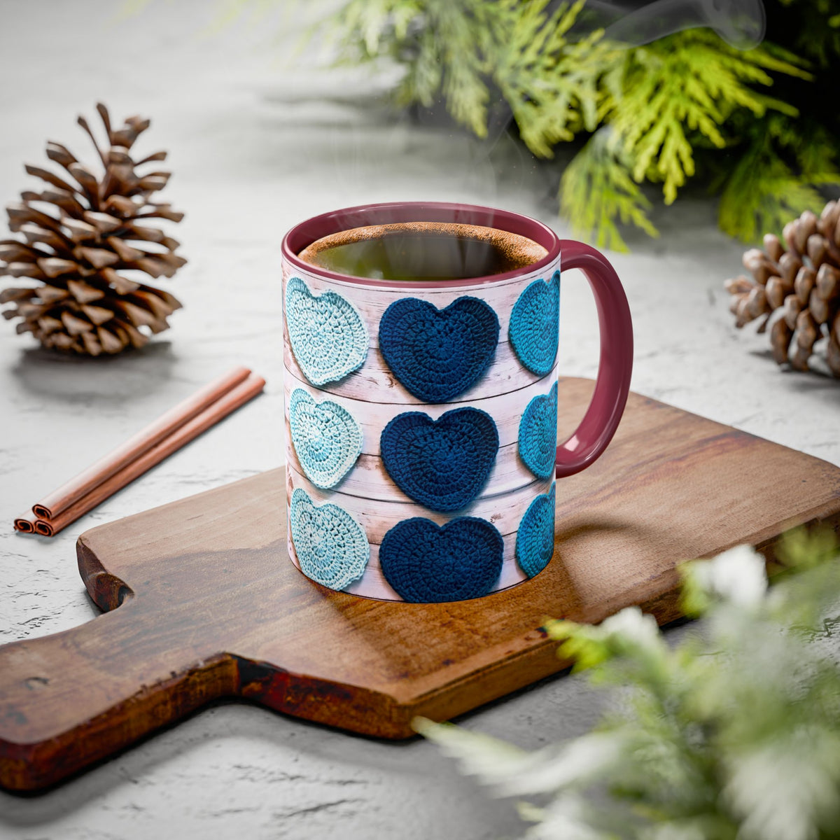 Blue Crochet Heart Mug — Colorful 11oz/15oz Ceramic Coffee Cup