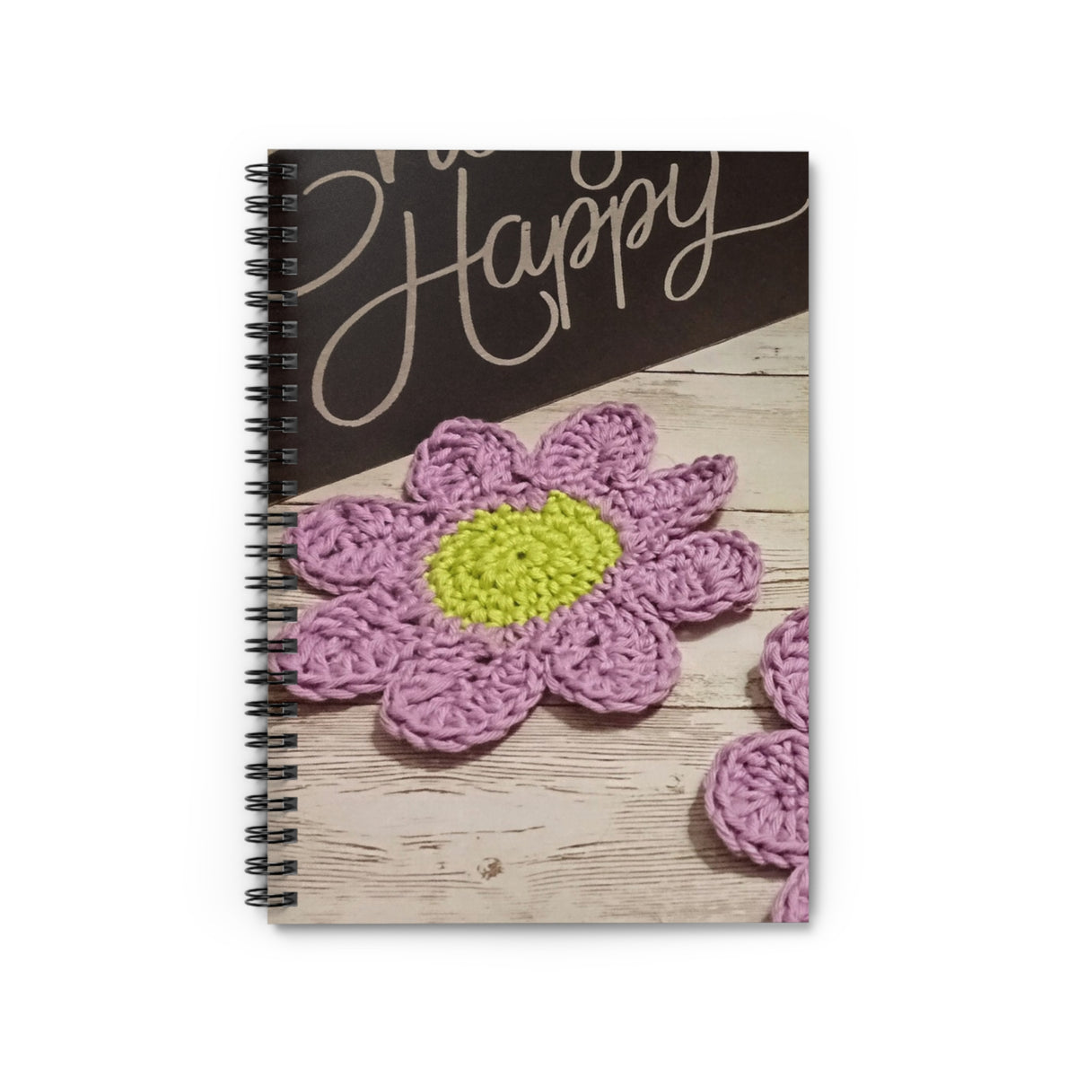 Crocheted Flower Spiral Notebook — Ruled Journal with 'Happy' Chalkboard Vibe