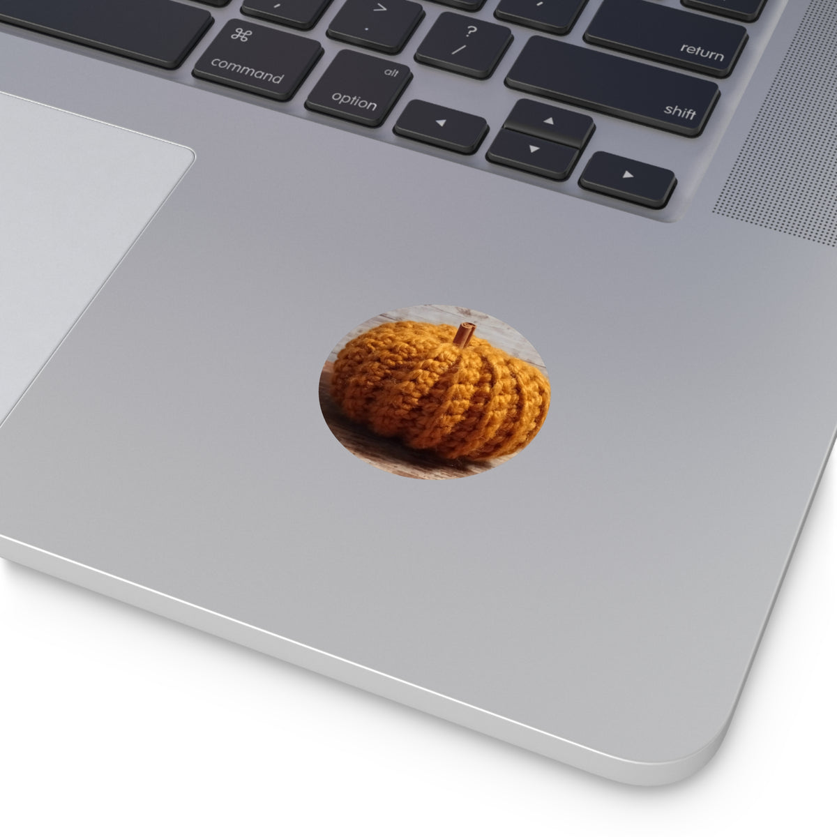 Crocheted Pumpkin Round Vinyl Sticker — Cozy Fall Autumn Decor