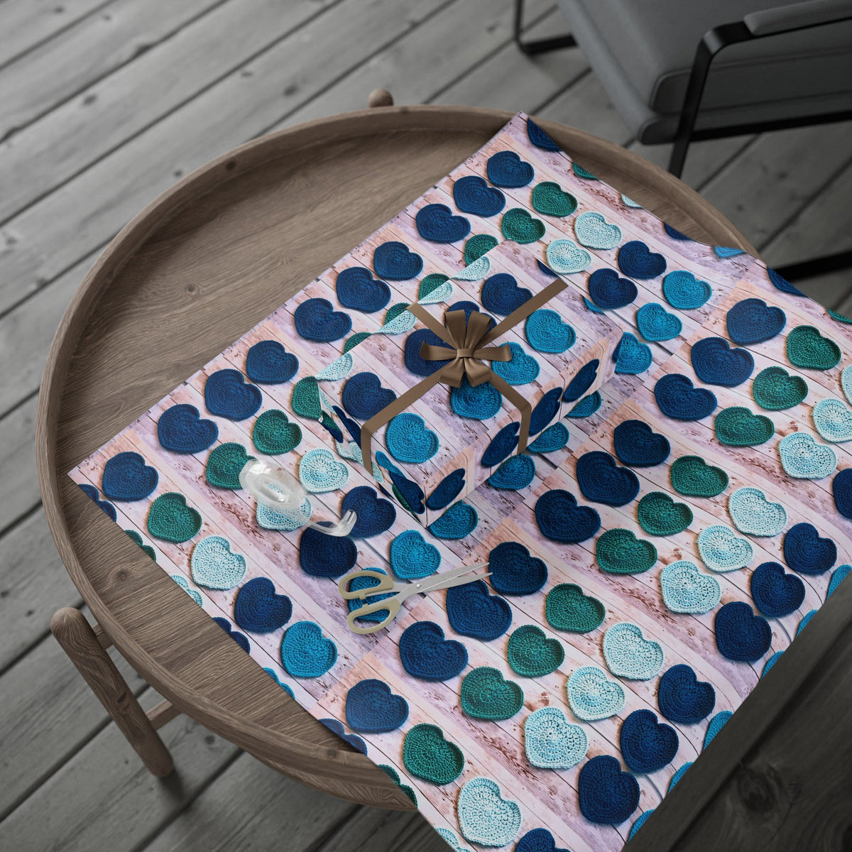 Wrapping Paper - Blue Teal Crochet Heart Pattern Gift Wrap
