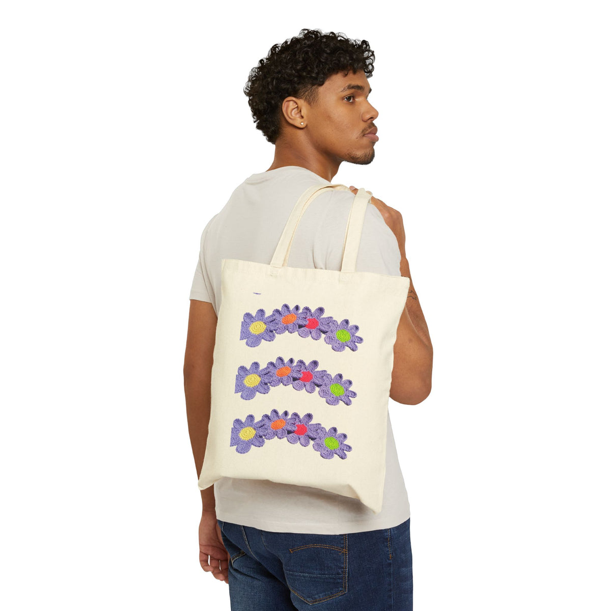 Crochet Floral Stripe Canvas Tote Bag – Purple Daisy Trio Eco Market Bag