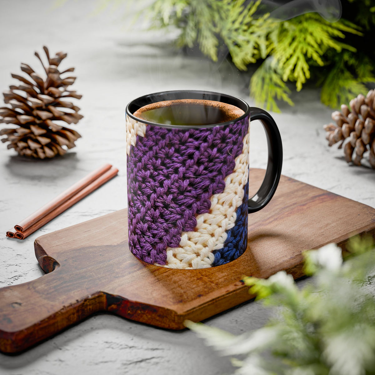 Cozy Crochet Pattern Coffee Mug — Colorful 11oz & 15oz Ceramic