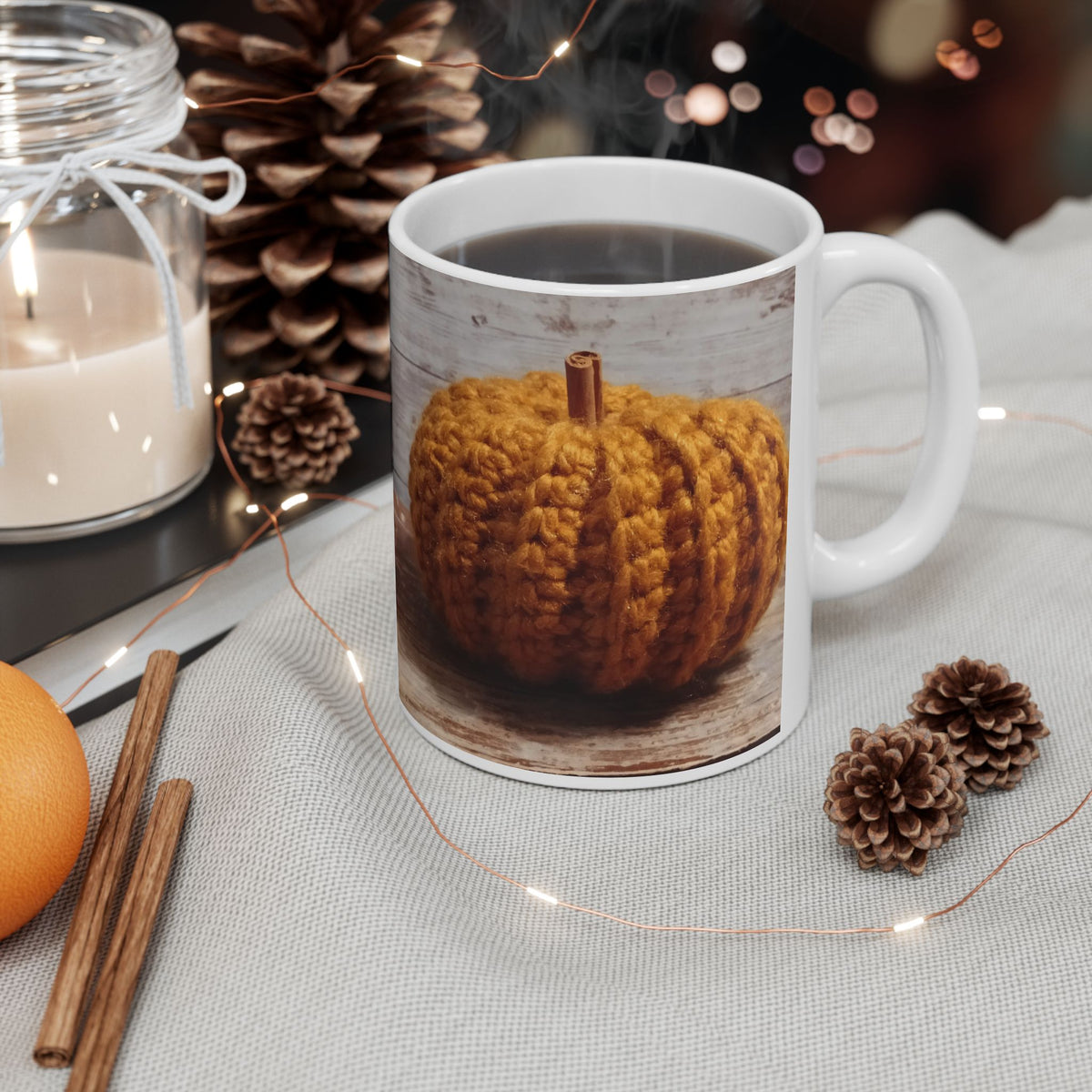 Crochet Pumpkin Mug | Ceramic Coffee Cup, Autumn Farmhouse Decor