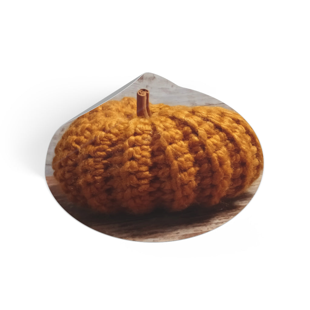 Crocheted Pumpkin Round Vinyl Sticker — Cozy Fall Autumn Decor