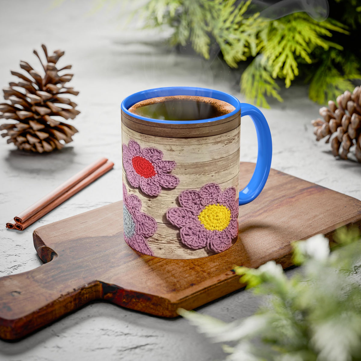 Crochet Flower Mug — Colorful Handmade Floral 11oz/15oz Coffee Cup