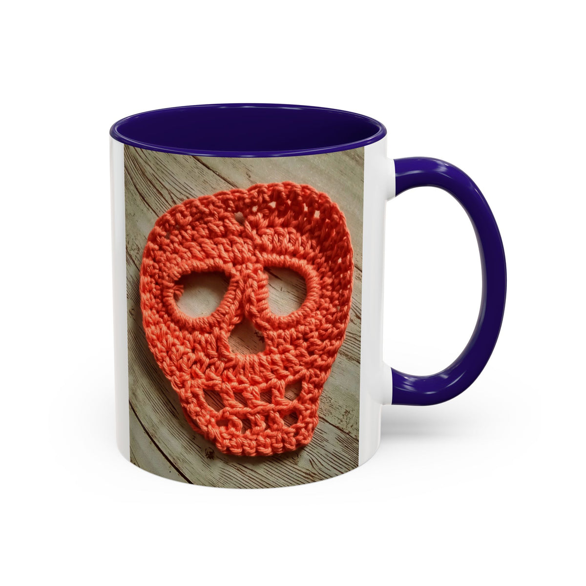 Crochet Skull Mug — Colorful 11oz/15oz Coffee Cup (Orange Day of the Dead Vibe)