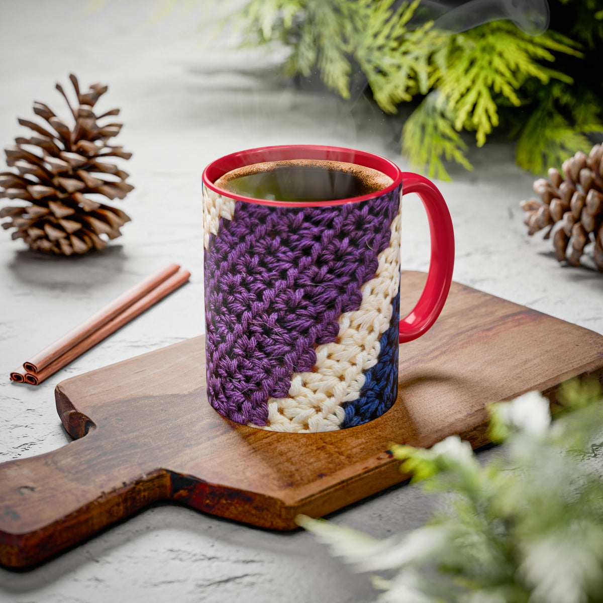 Cozy Crochet Pattern Coffee Mug — Colorful 11oz & 15oz Ceramic