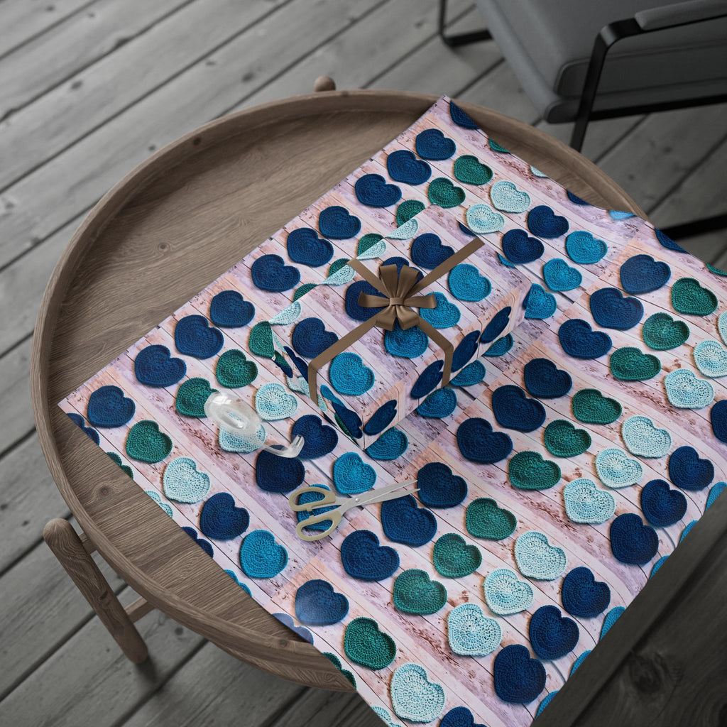 Wrapping Paper - Blue Teal Crochet Heart Pattern Gift Wrap