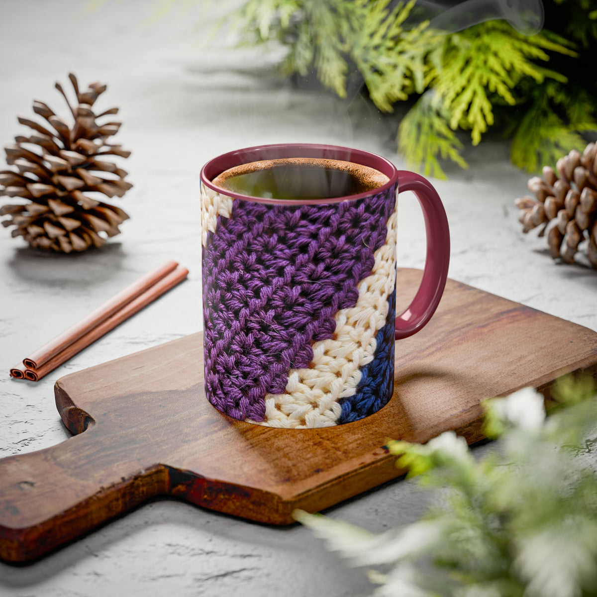 Cozy Crochet Pattern Coffee Mug — Colorful 11oz & 15oz Ceramic