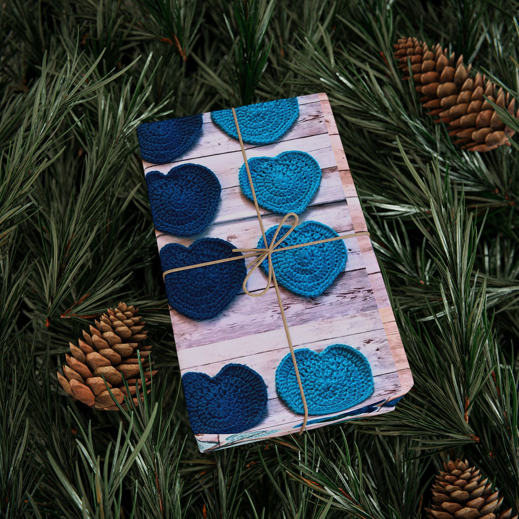 Wrapping Paper - Blue Teal Crochet Heart Pattern Gift Wrap