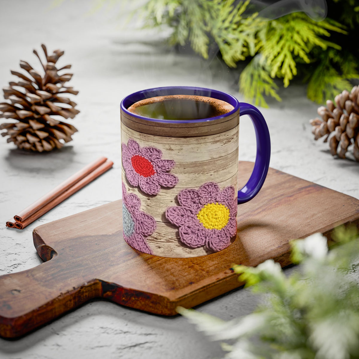 Crochet Flower Mug — Colorful Handmade Floral 11oz/15oz Coffee Cup