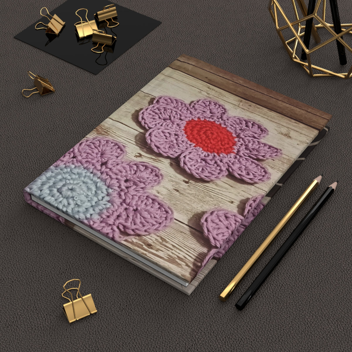 Crochet Flower Hardcover Journal — Lined Notebook with Pink Daisy Design
