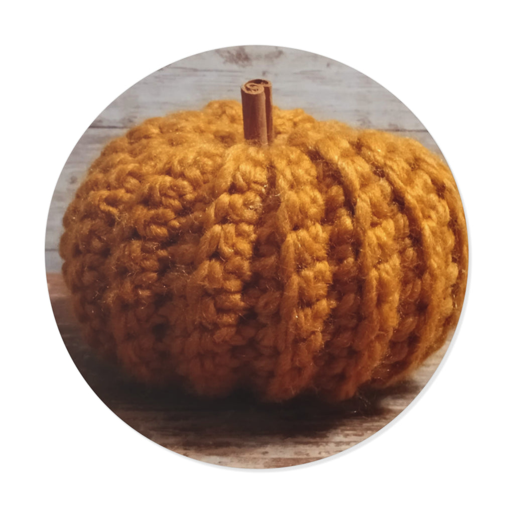 Crocheted Pumpkin Round Vinyl Sticker — Cozy Fall Autumn Decor