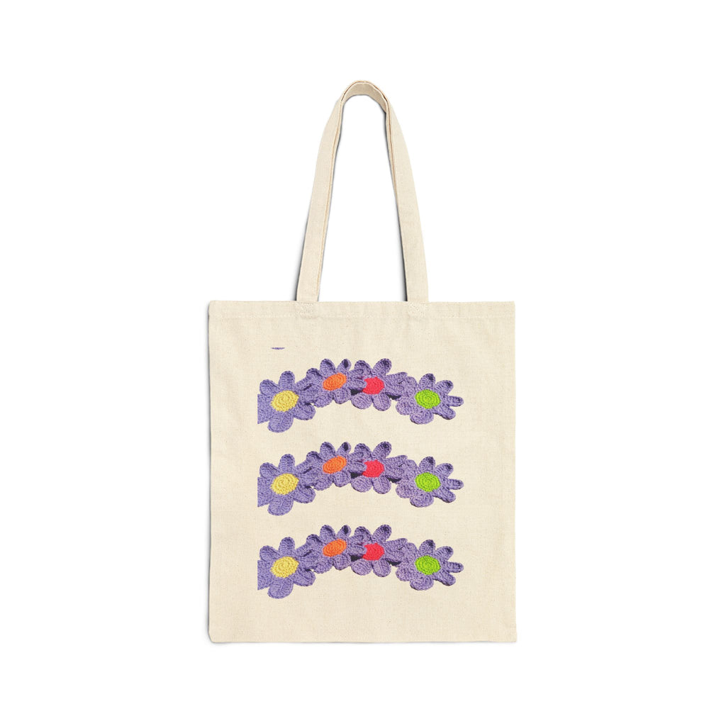Crochet Floral Stripe Canvas Tote Bag – Purple Daisy Trio Eco Market Bag