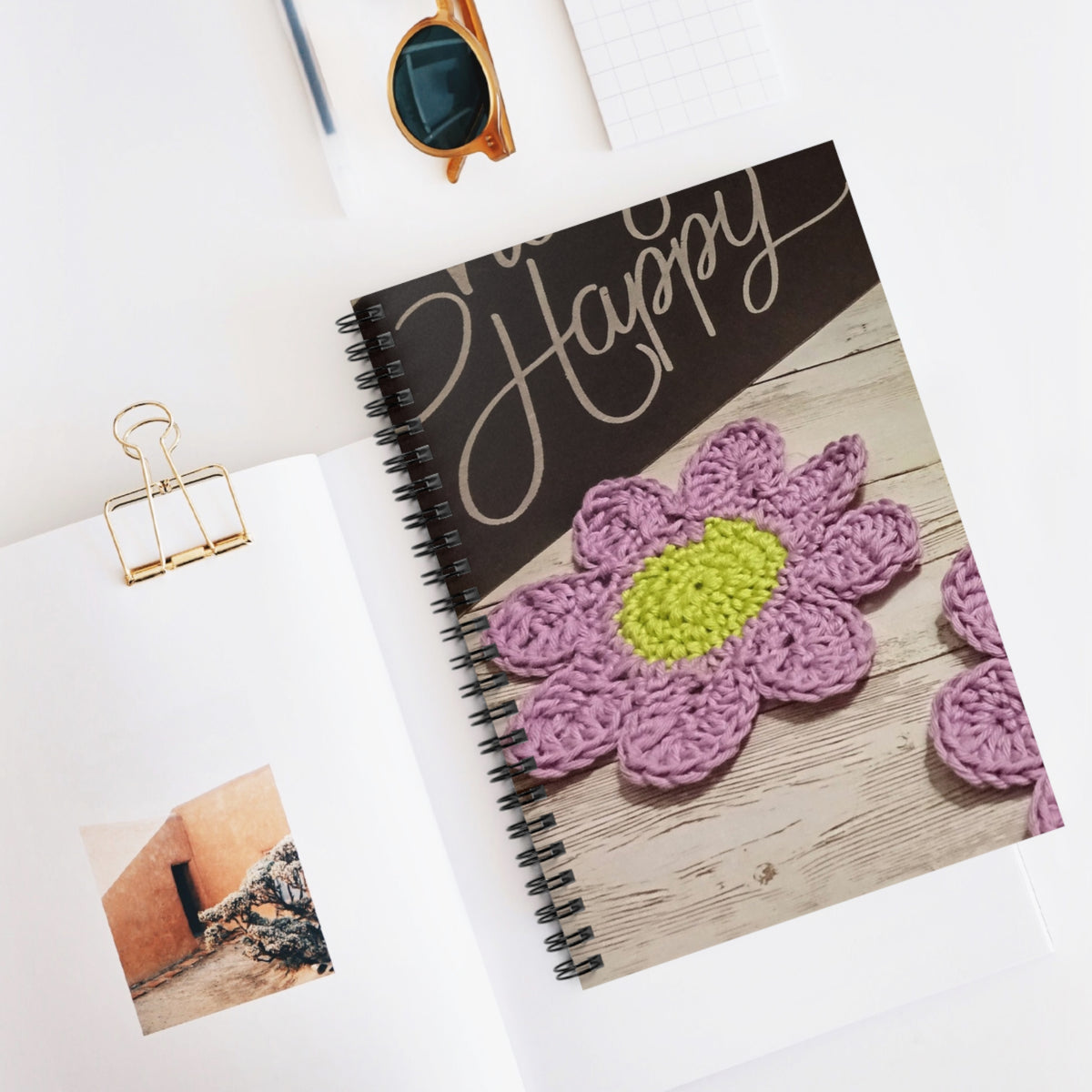 Crocheted Flower Spiral Notebook — Ruled Journal with 'Happy' Chalkboard Vibe