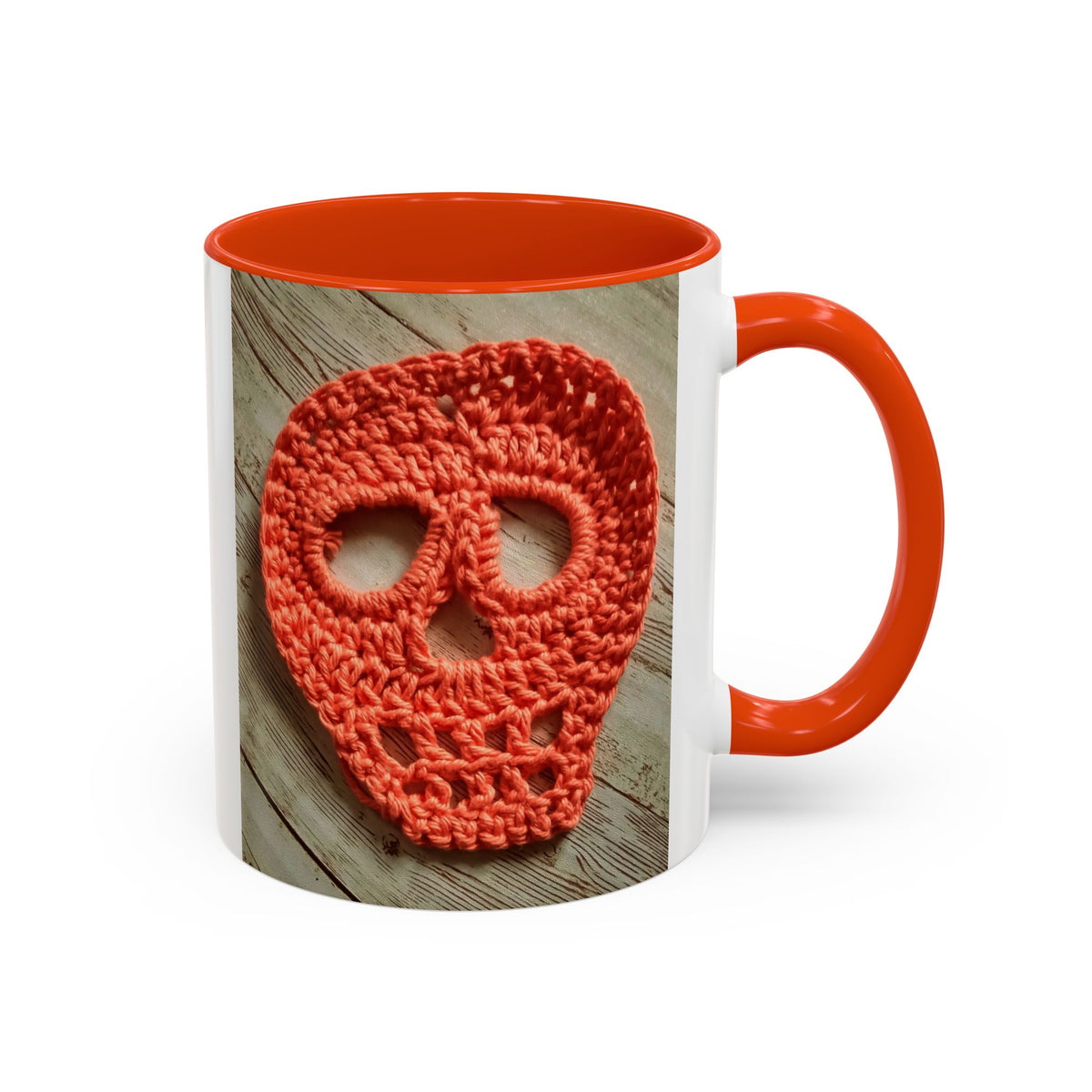 Crochet Skull Mug — Colorful 11oz/15oz Coffee Cup (Orange Day of the Dead Vibe)