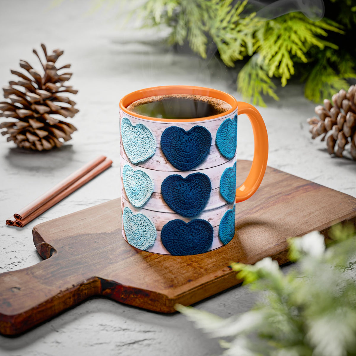 Blue Crochet Heart Mug — Colorful 11oz/15oz Ceramic Coffee Cup