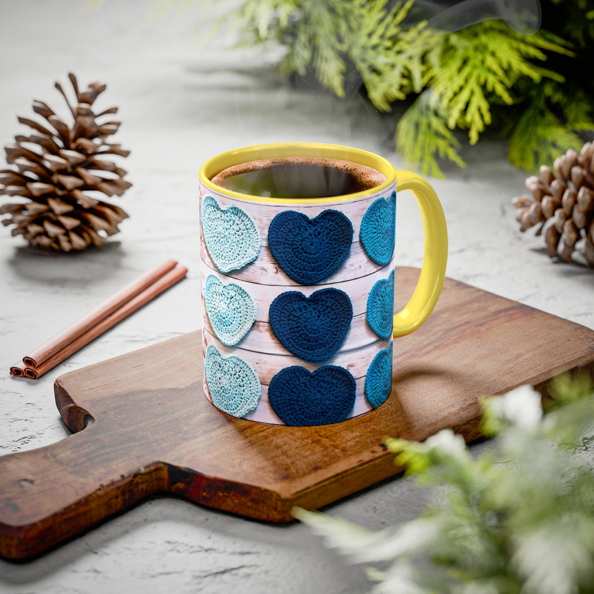 Blue Crochet Heart Mug — Colorful 11oz/15oz Ceramic Coffee Cup