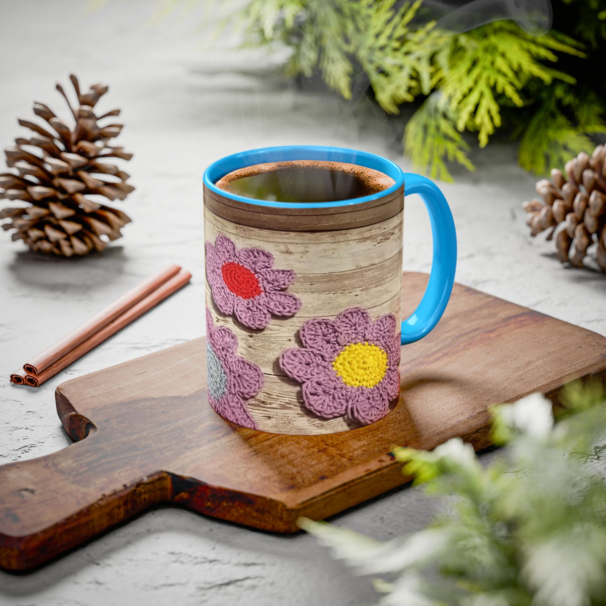Crochet Flower Mug — Colorful Handmade Floral 11oz/15oz Coffee Cup
