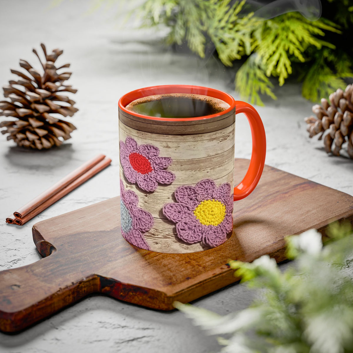 Crochet Flower Mug — Colorful Handmade Floral 11oz/15oz Coffee Cup