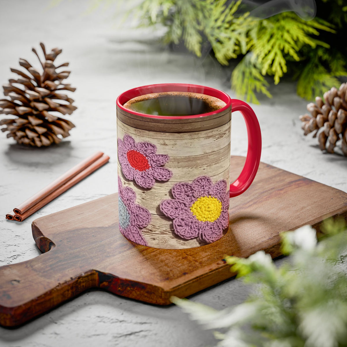 Crochet Flower Mug — Colorful Handmade Floral 11oz/15oz Coffee Cup