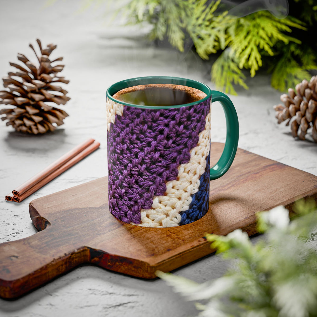 Cozy Crochet Pattern Coffee Mug — Colorful 11oz & 15oz Ceramic