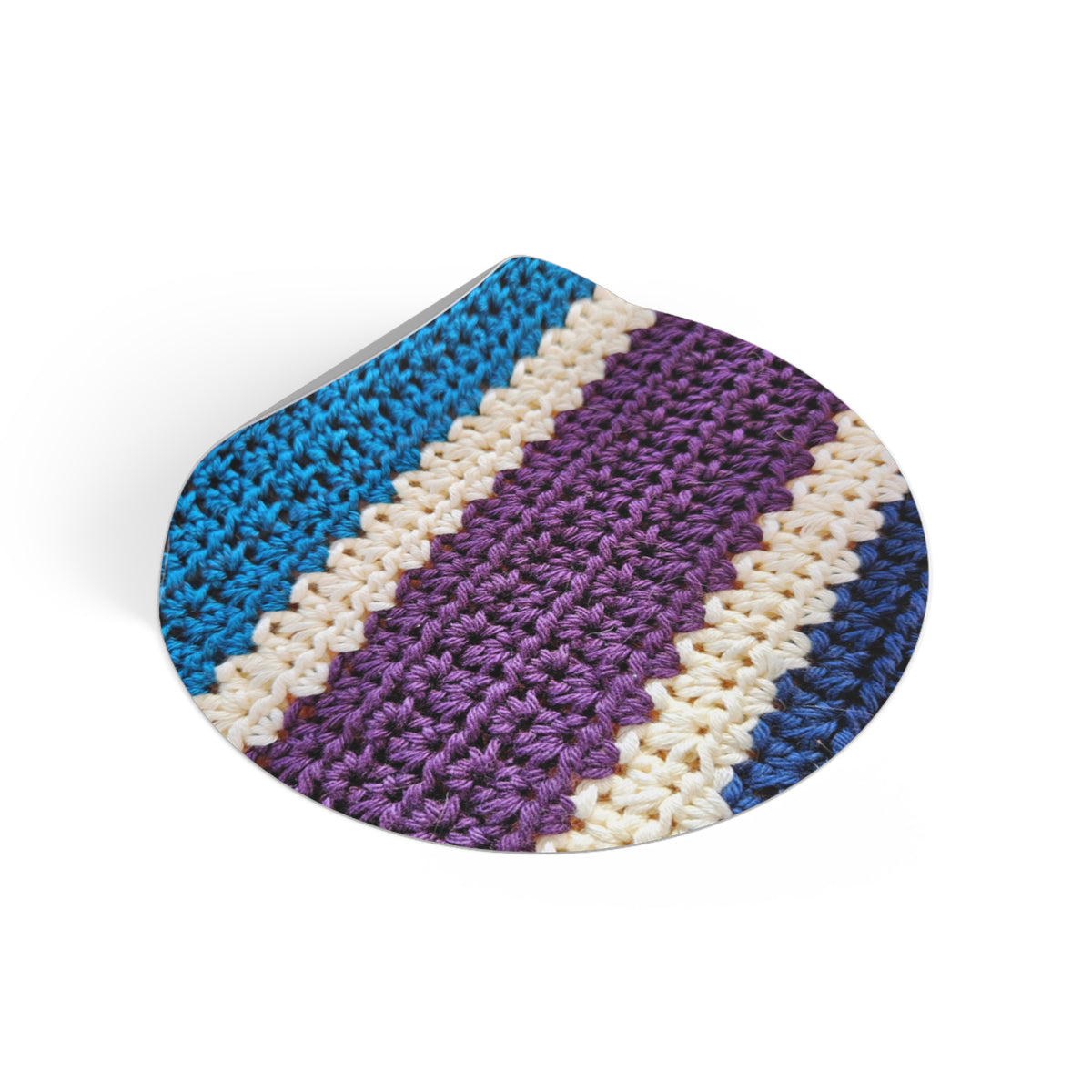 Striped Crochet Texture Round Vinyl Sticker — Blue, Purple & Cream Crochet Pattern