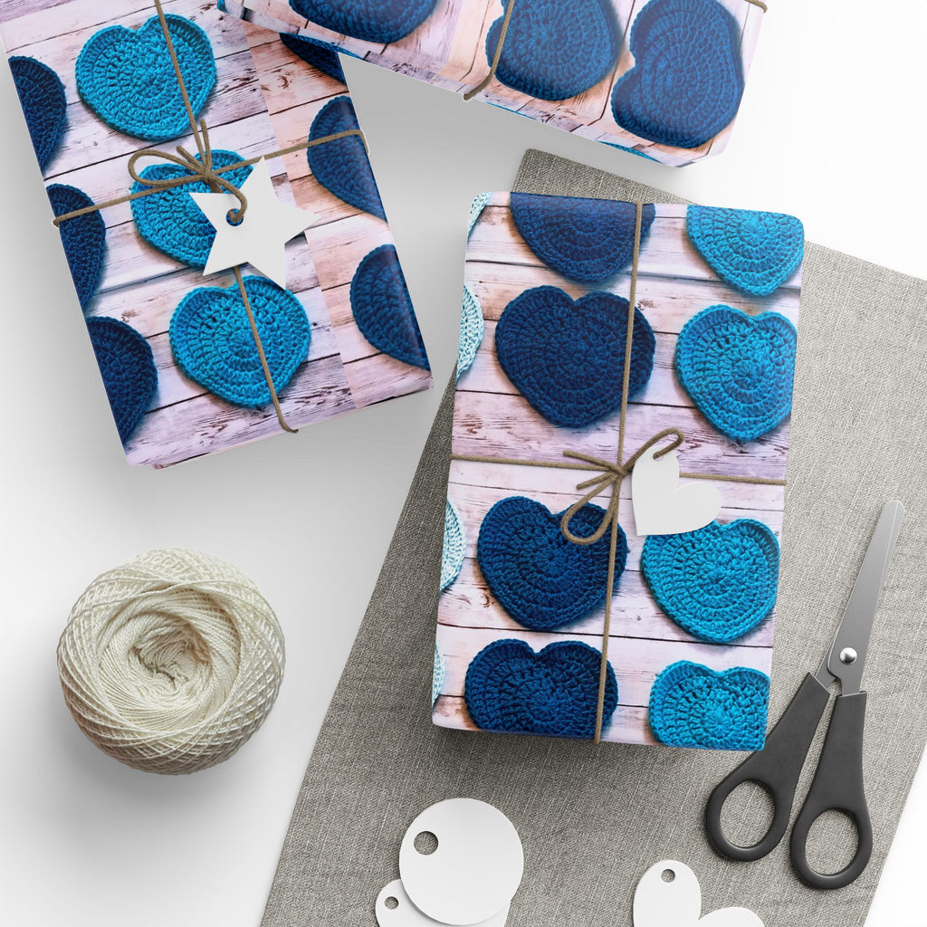 Wrapping Paper - Blue Teal Crochet Heart Pattern Gift Wrap
