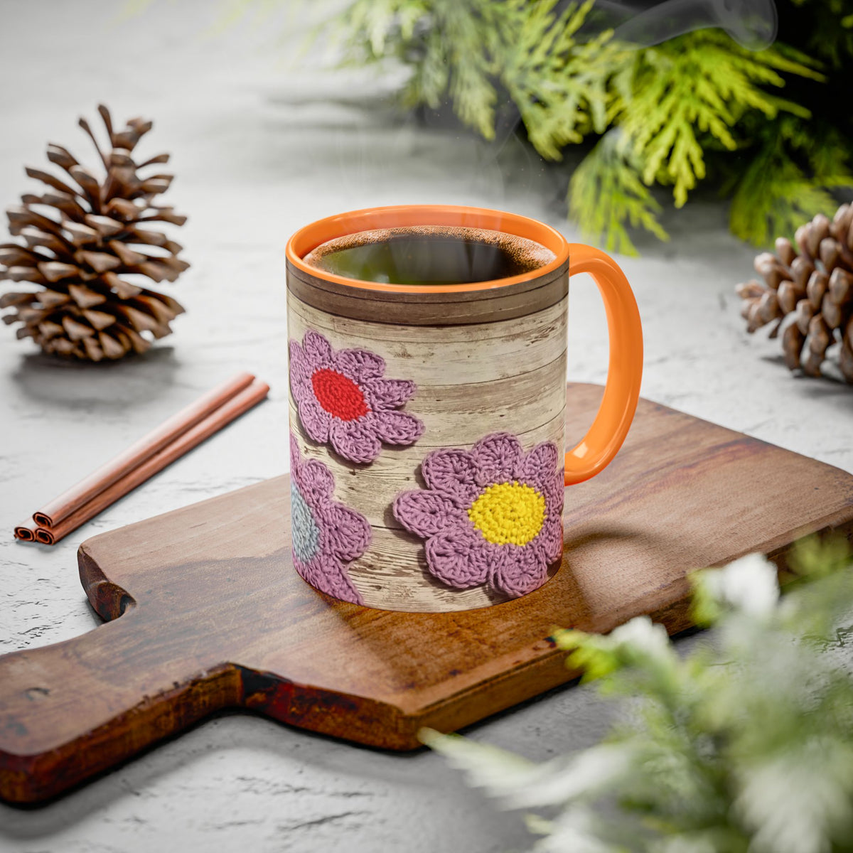 Crochet Flower Mug — Colorful Handmade Floral 11oz/15oz Coffee Cup