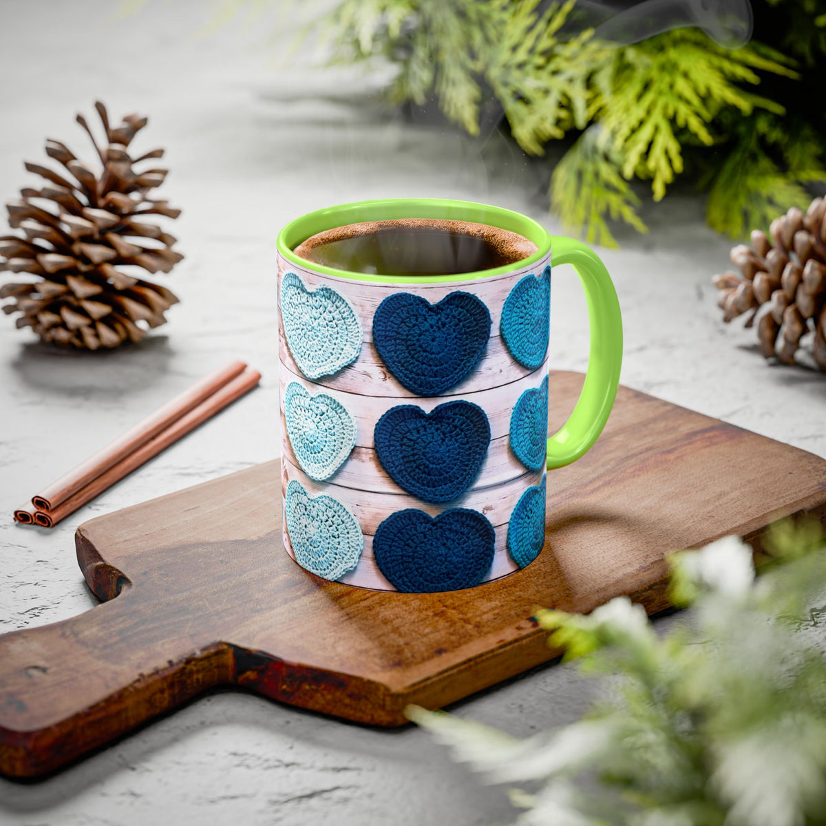 Blue Crochet Heart Mug — Colorful 11oz/15oz Ceramic Coffee Cup