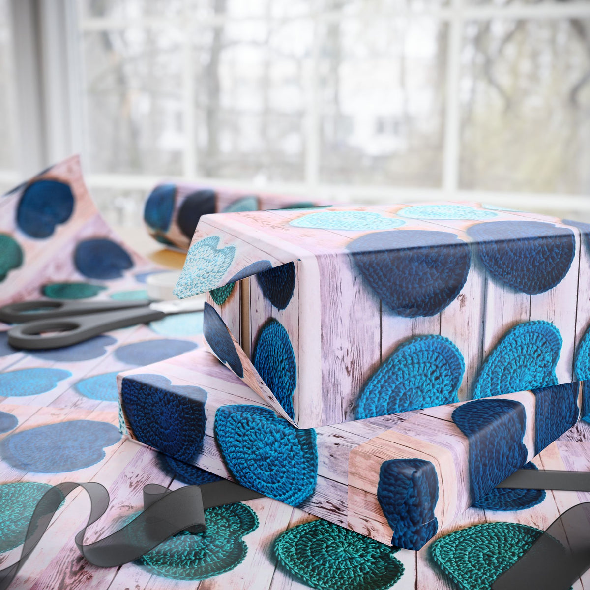 Wrapping Paper - Blue Teal Crochet Heart Pattern Gift Wrap