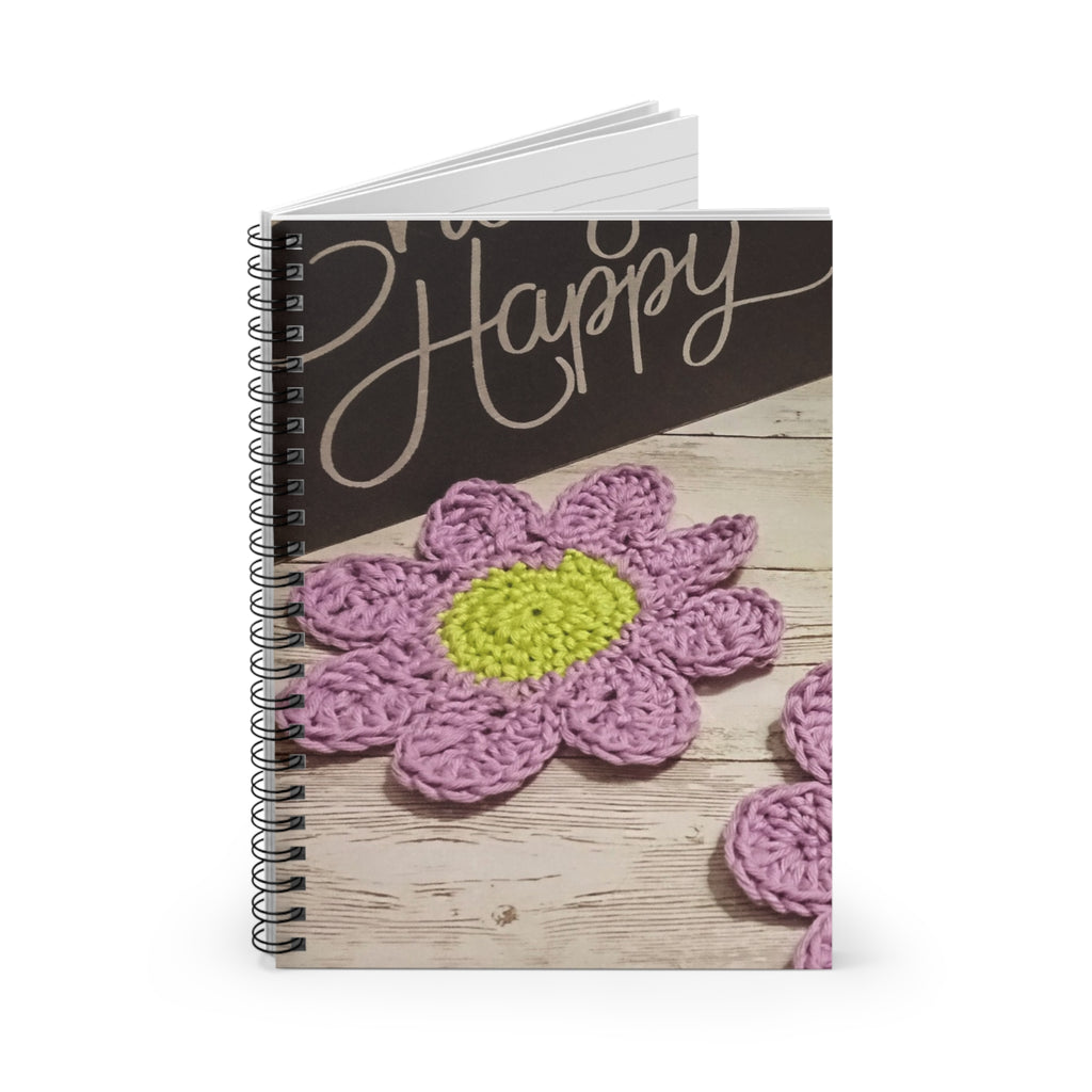 Crocheted Flower Spiral Notebook — Ruled Journal with 'Happy' Chalkboard Vibe